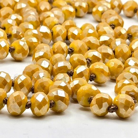 Extra Long Golden Yellow Hand-Knotted Faceted Glass Rondelle Necklace 64" - Picture 3 of 4